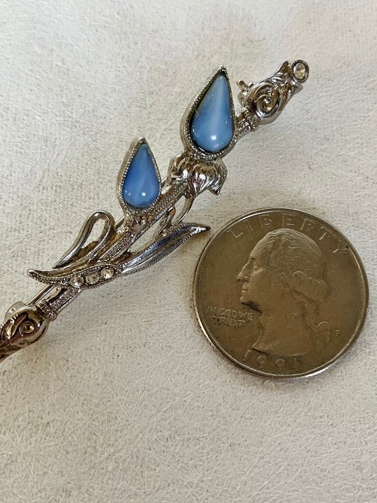 Blue Topaz Brooch, Topaz Flower Brooch, Blue Topaz Ea… - Gem Blue Gemstone Pin Brooch Floral Leaf Crystal Clear Rhinestone Silver Tone Metal